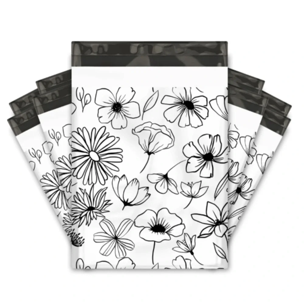 Set of 20 Floral Poly Mailers 10x13 Shipping Envelopes Black White Elegant Pack